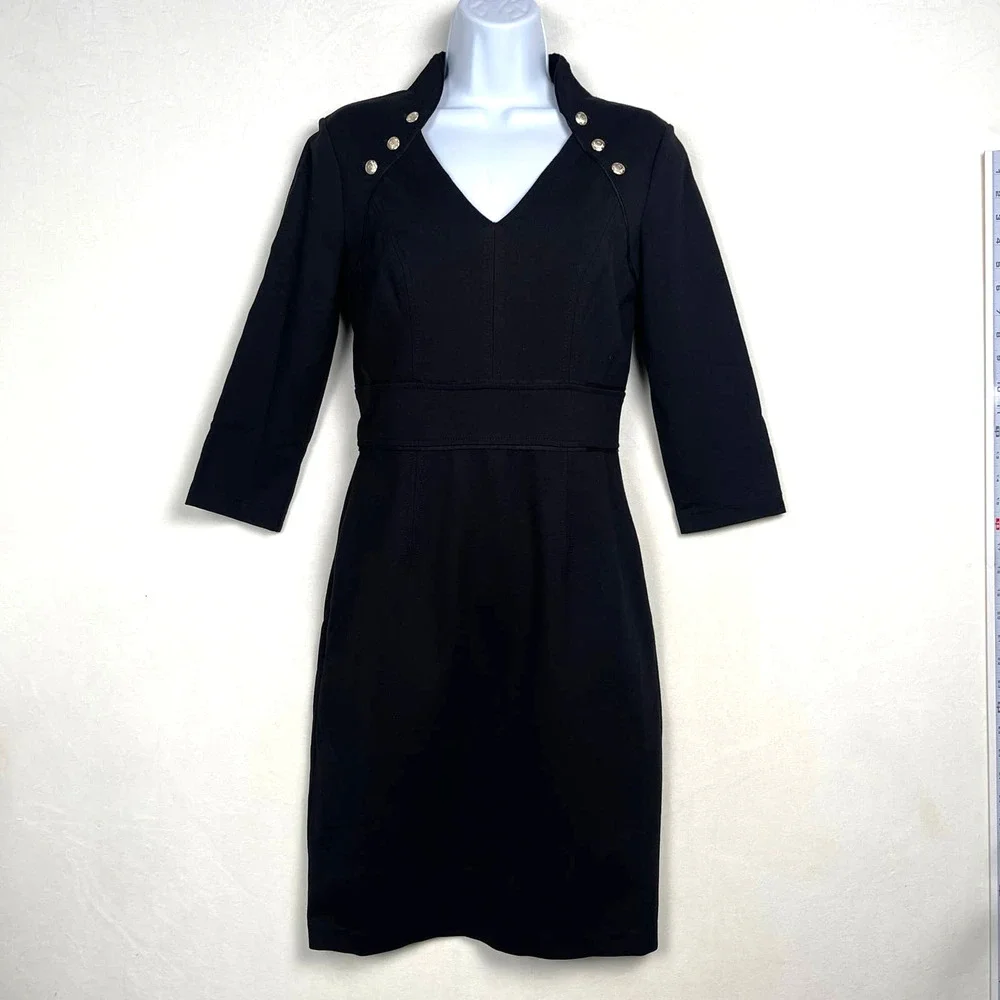 Ponte Knit White House Black Market Black Dress, Military Goldtone Buttons, Sz 2 - Picture 2 of 16